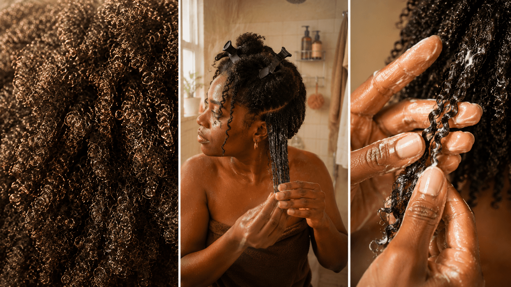 Textured hair close-up, wash day routine, and hands working product through curls